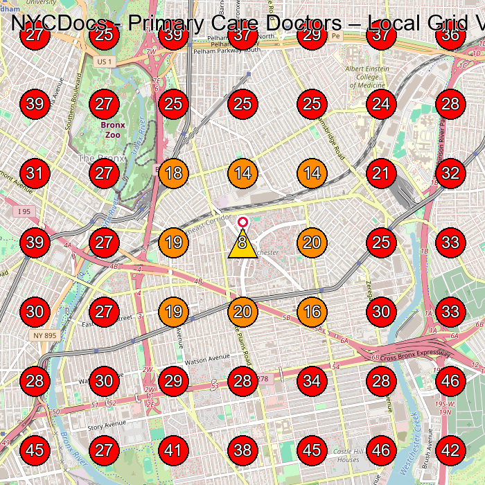 NYCDocs - Primary Care Doctors GeoGrid visibility map for Physical Therapist in 1163 Manor Ave 2nd Floor